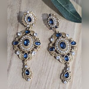 Vintage Style Gold W/ Blue and Clear Crystal Dangle Earrings